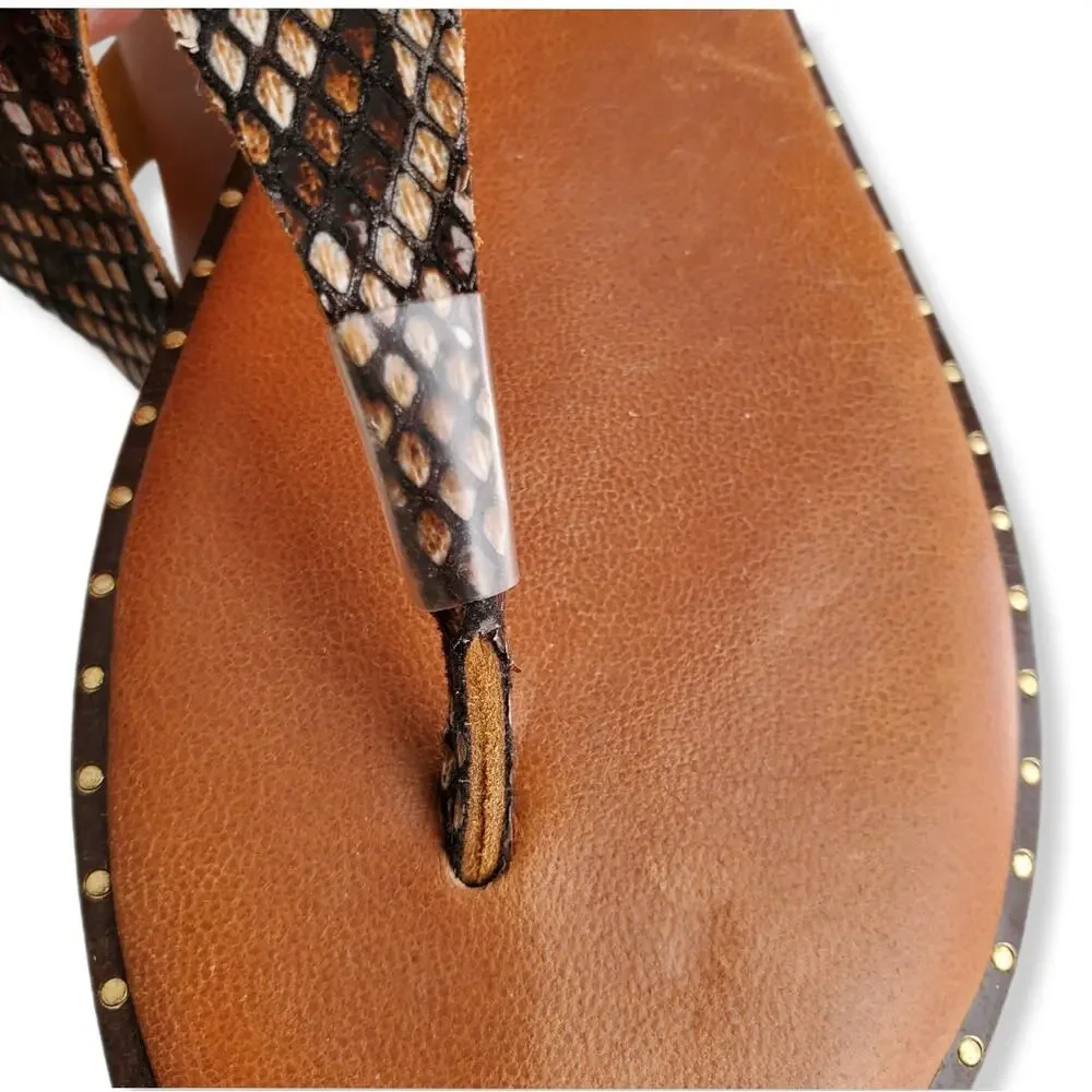 Women Sophia Milano Leather Thong Sandal 9 Brown Snake Stud Italy Boho NEW